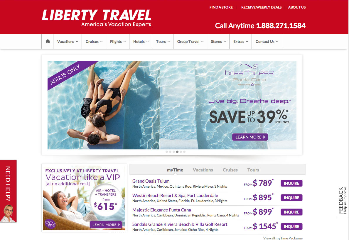 Liberty Travel homepage with Breathless resort ad banner