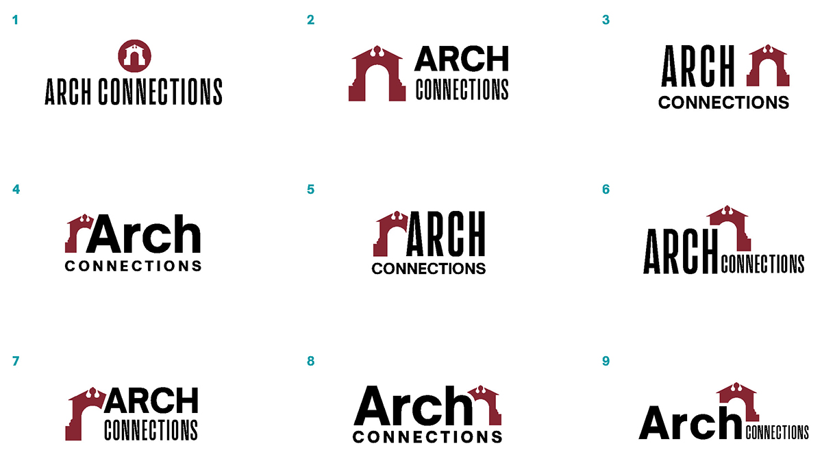 Arch Connection logo concepts showing nine different options