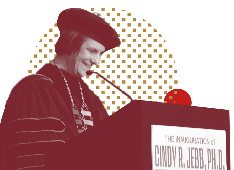 RCNJ President Cindy Jebb standing at a podium - duotone 
