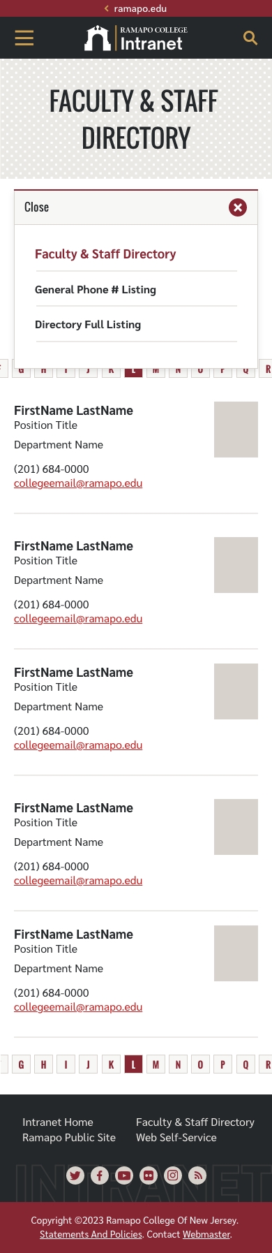 Faculty & Staff Phone/Contact Directory: Submenu Open
