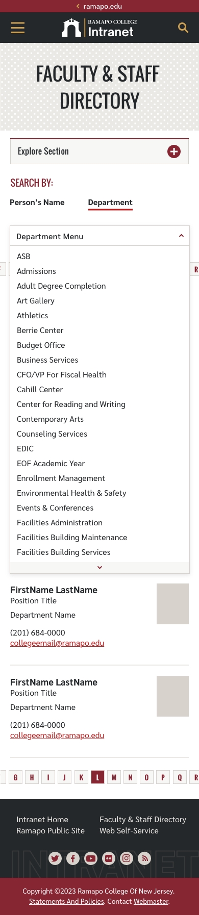 Faculty & Staff Contact Directory - Department dropdown