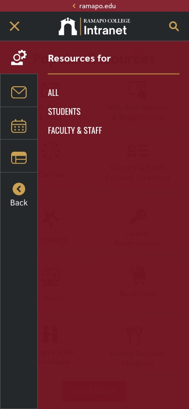 Ramapo College's Intranet menu mobile view open